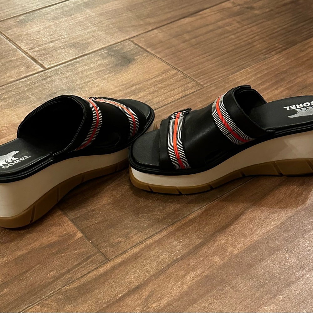 SOREL Joanie III Slide Wedge Sandals Women's Size 8 Black Leather Adjustable - Picture 5 of 6